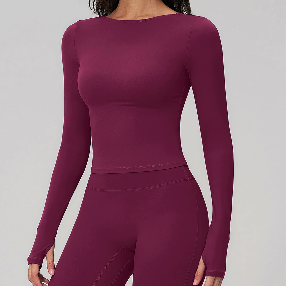 주렌 여성 요가 티셔츠 솔리드 스포츠탑 긴팔 짐 운동 러닝 셔츠 배꼽 노출 퀵 드라이 피트니스 짐 스포츠웨어