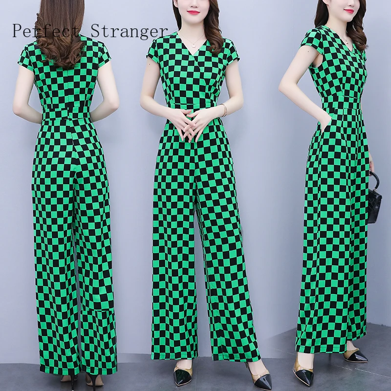 Summer Ladies' Wide Leg One-piece Pants Temperament Commuter Lantern Short Sleeve V-neck Houndstooth Jumpsuit