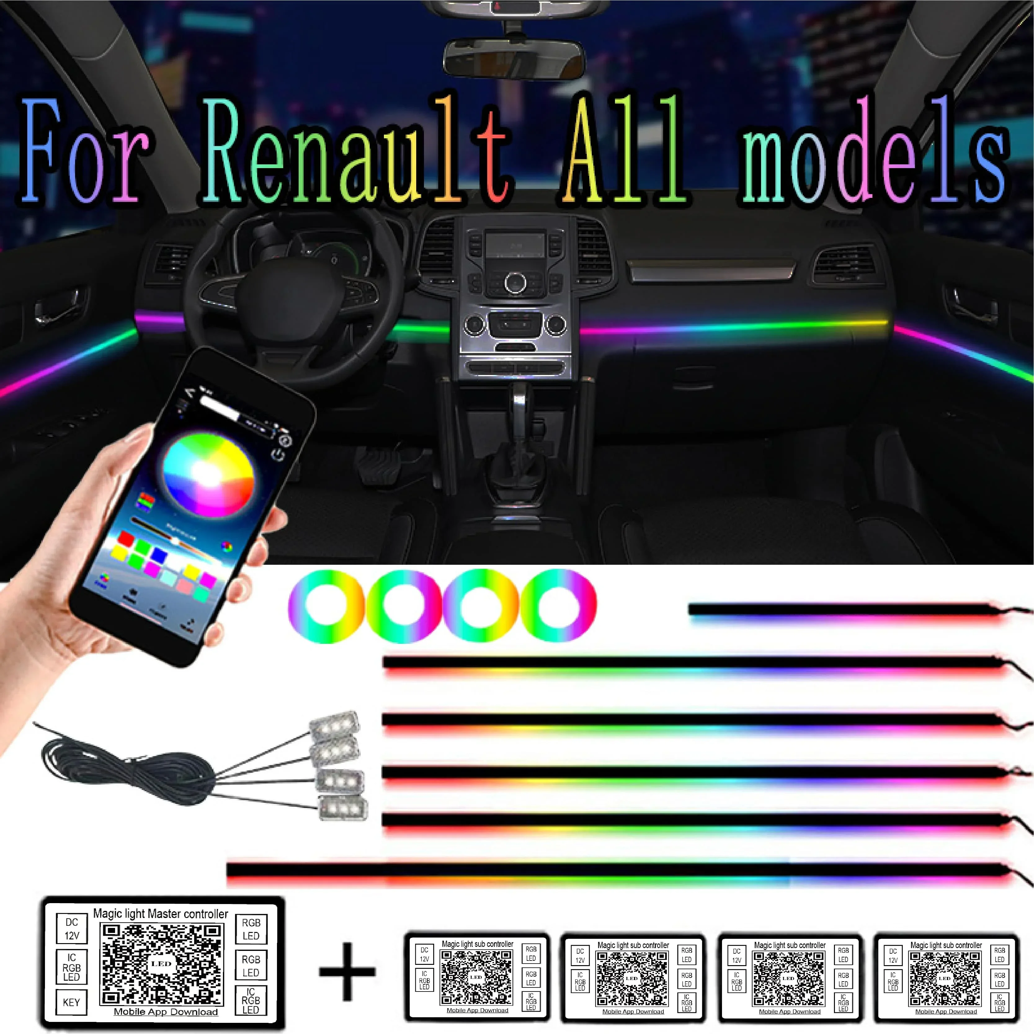 

18 в 1 64 цвета RGB Автомобильная симфония атмосфера интерьер акриловая направляющая оптоволоконное Универсальное Украшение окружающей среды светильник для Renault