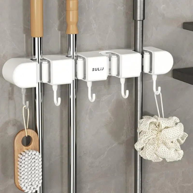 

Mop Broom Holder Wall Mount 4 Racks 5 Hooks Broom Organizer Home Kitchen Garden Laundry Garage Storage Tool Racks Hooks Non-slip