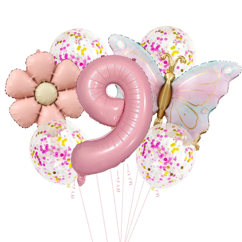 9-teiliges mattes Gänseblümchen-Rosa-Schmetterlings-Konfetti-Luftballons-Set, Latex-Dekoration für Geburtstagsfeier, Karnevalsveranstaltung, Kindertag – Detail 11