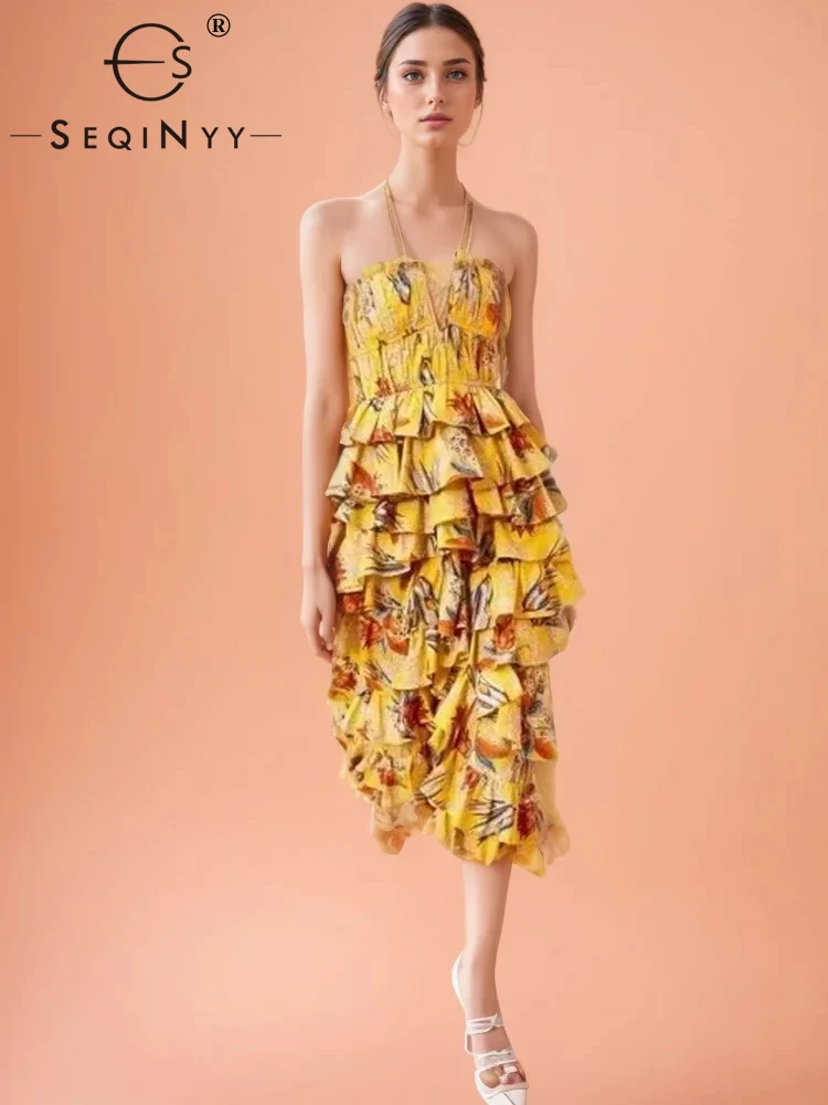 

SEQINYY Elegant Slim Dress Midi Summer Spring New Fashion Design Women Runway Ruffles Cake Vintage Flower Print Strapless