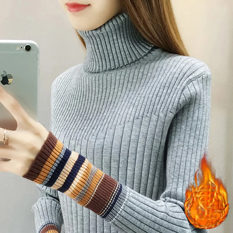 

Winter Turtleneck Patchwork Stripes Sweater Thicken Velvet Lined Women Pullover 2023 Knitted Top Korean Fashion Warm Jumper New