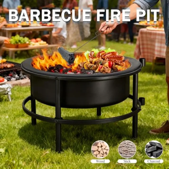 52-inch Large Outdoor Wood-Burning Fire Pit Stove with Rotating Table and BBQ Grill for Backyard Camping Cold-Finished Steel Ro 5