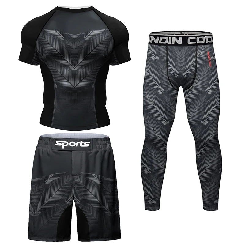 New Boxing Rashguard MMA T-shirt+Shorts For Men 4PCS/Set Black Grappling Bjj Rash Guard Jiu Jitsu T-shirts Sport Tights Clothing 3