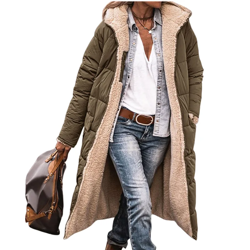 

2023 New Winter Parkas Coat Women's Casual Long Sleeve Hooded Pocket Zipper Jacket Female Loose Solid Color Plush Long Parkas