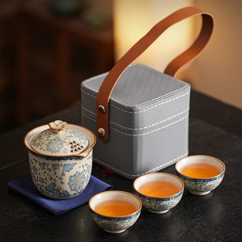 Blue & White Ru Porcelain Travel Tea Set - 1 Teapot 3 Cups, Portable Kung Fu Ceremony Kit with Lotus Pattern & Compact Case