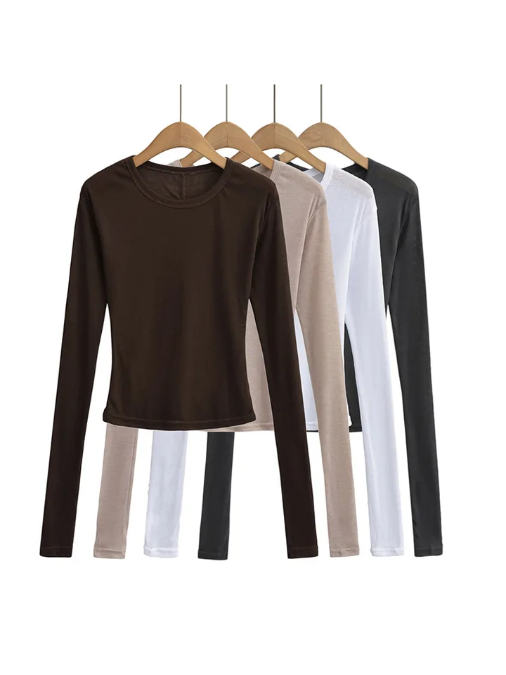 Women's Crew Neck Fitted Long Sleeve Semi Sheer T-shirt for