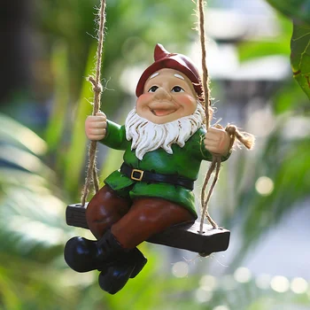 Creative Cute Swing Gnome Decor Statue, Resin Dwarfs, Hanging on Tree, Garden Decorative Pendant, Indoor and Outdoor Ornament
