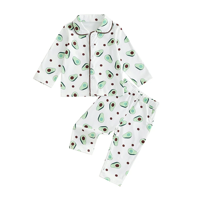 

Kid Toddler Girl Pyjamas Set Avocado Baby Sleepwear Button Down Shirt Top Elasticated Waist Trouser Pjs Set