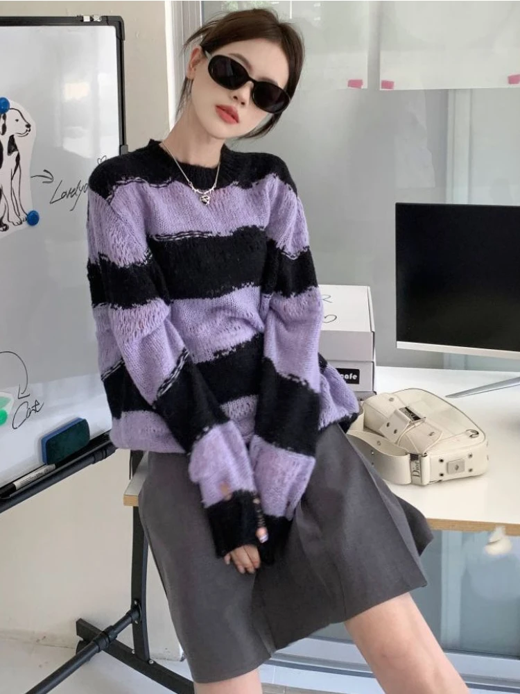 

Deeptown Vintage Striped Oversized Sweater Women Harajuku Kpop Hollow Out Pullover Lazy Style Loose Knitwear Tops Korean Fashion