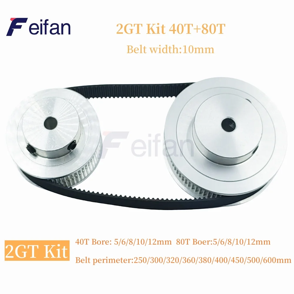 2GT Timing pulley set 2:1 reduction ratio transmission component GT2 Pulley Belt Kit 80T 40Teeth Belt Width 10mm Bore 5~12mm GT2