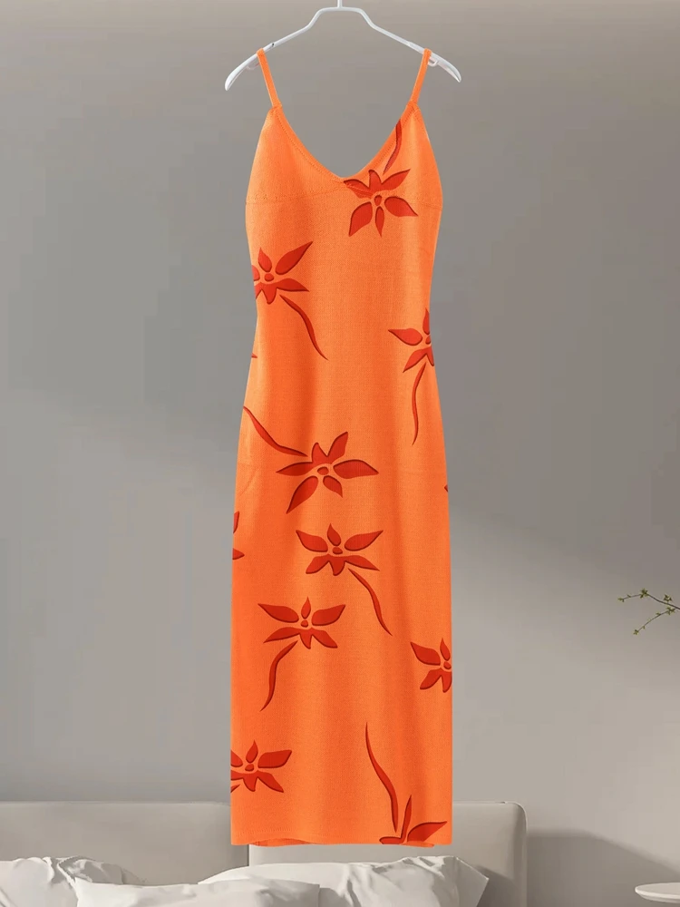 Crochet Knitted Beach Slip Dress Hollow Out Sexy Slim Fit Halter Fashion V-Neck Print Slimming Suspender Wrap Hip Long Dresses