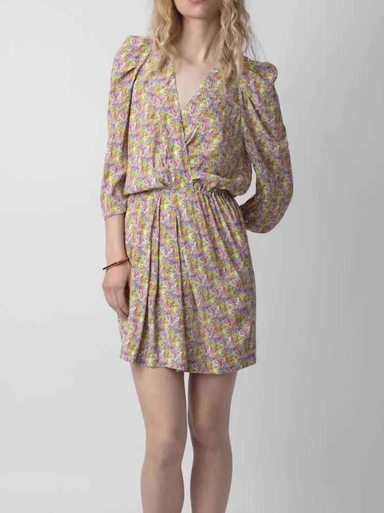

Fashion Classic Trendy Luxury Designer Cloth Summer Women Floral Print Mini Dress Long Sleeve Elastic Waist Short Robes Holiday