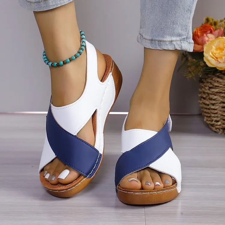 Women Wedge Sandals Contrast Color Peep Toe Slingback Soft Sole Comfy Outdoor Summer