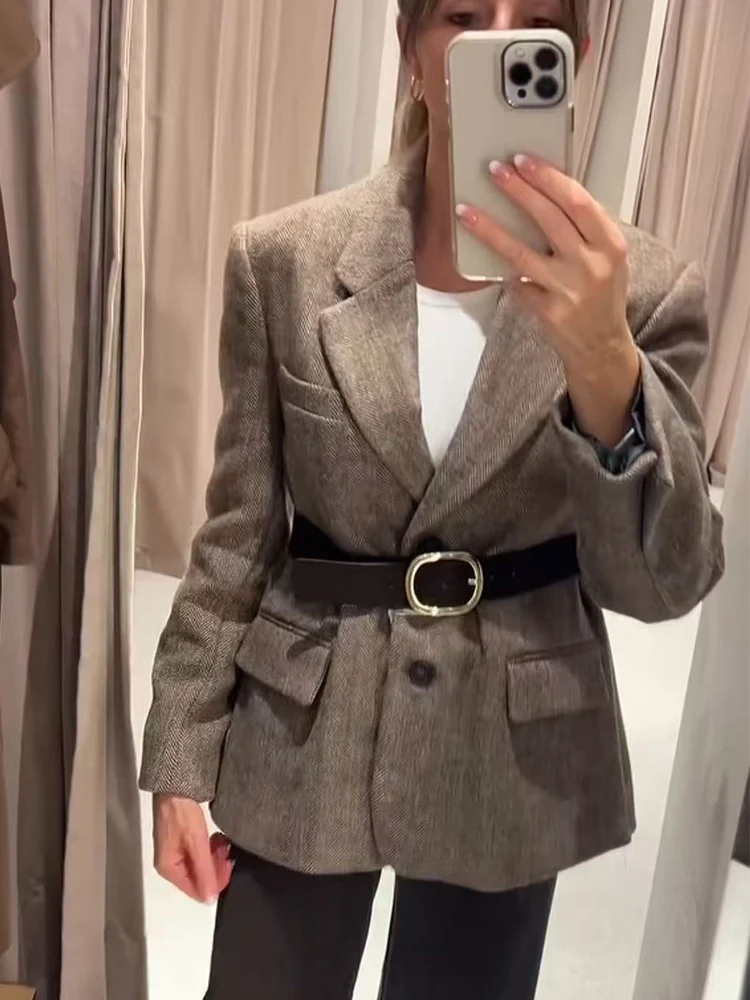 Women's Vintage Jacket Autumn And Winter New Temperament Top Female Blazer Fashion Turn Down Collar Pocket Belt Suit Coats