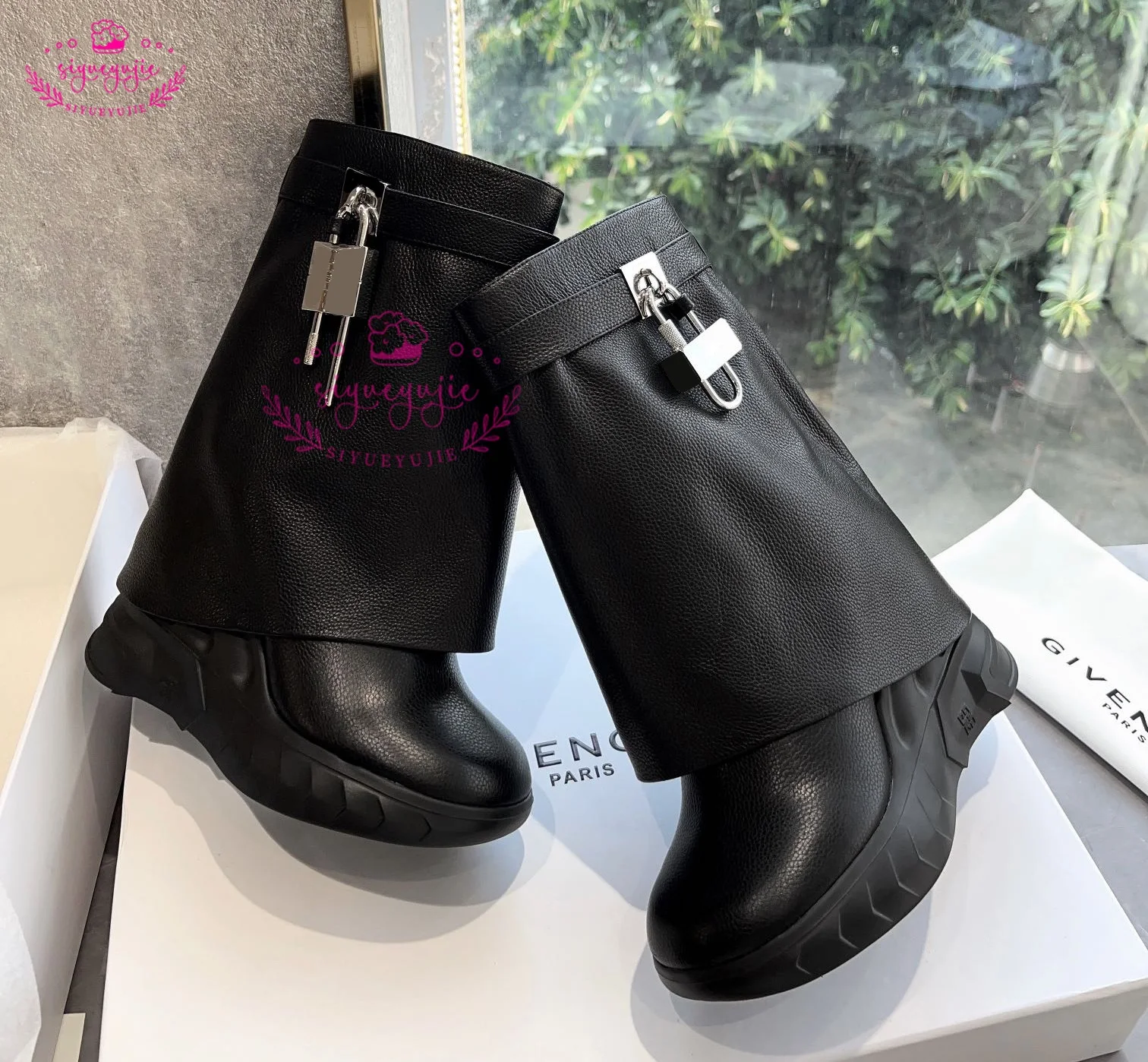 Lock Decor Denim Shark Boots Fashion Thick Bottom Zip Knee High Boots Wedges High Heels Long Boots Women Shoes Plus Size 44