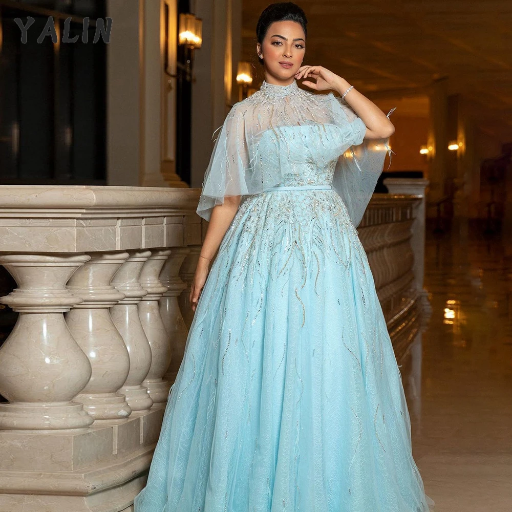 

YALIN Elegant Sky Blue Evening Dresses High Neck Sequin Wedding Dress Morocco Style Plus Size Pageant Gown Robe De Soiree