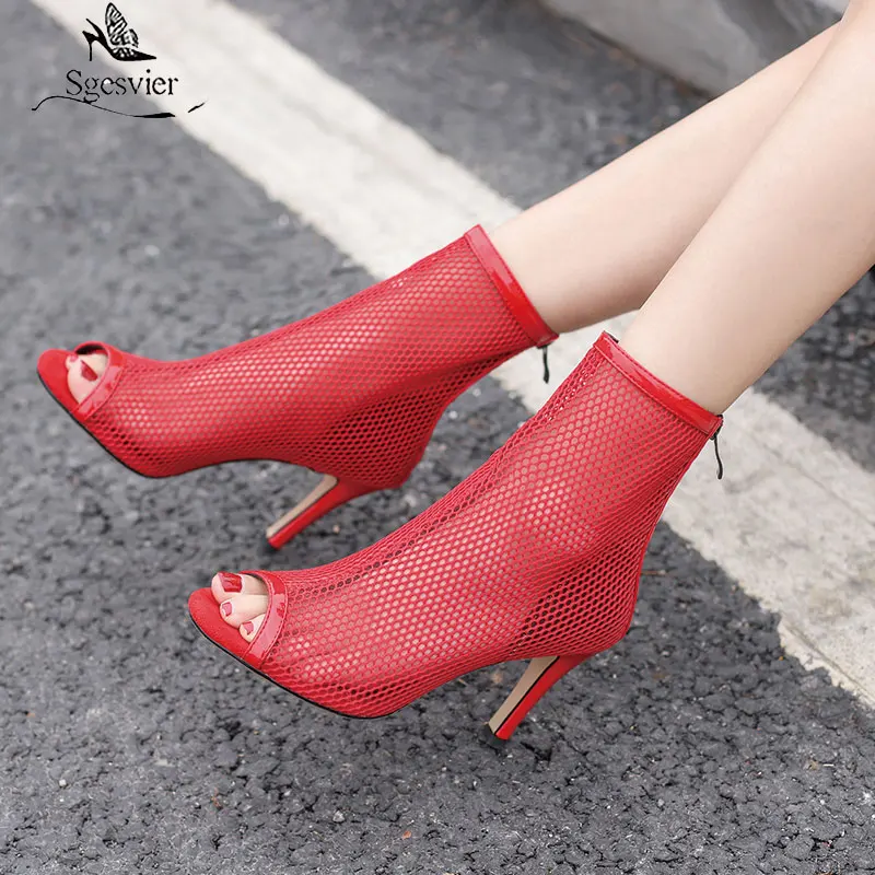 

Sgesvier Plus Size 34-46 Mesh Boots Summer Women 2022 Sexy Peep Toe Net Booties Zipper Ankle Boots Thin High Heels Wedding Shoes