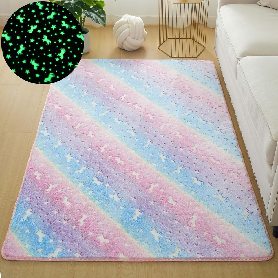Rainbow Unicorn Pattern Glow in The Dark Area Rug Luminous Area Rug Soft Decorative Play Mat for Kids Crawling Living Room Rug