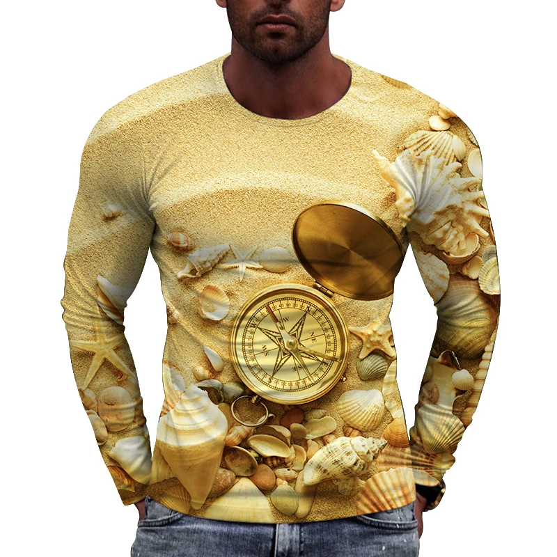 

New Long Sleeve Tees Round Neck Large Men's Top Sandy Beach Pattern Image Print T-shirt