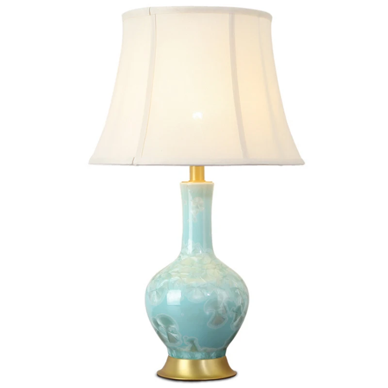 

Chinese Simple Blue Ceramic Vase Table Lamp European Cloth Bedroom Living Room Decor LED E27 Copper Lighting Desk Fixture