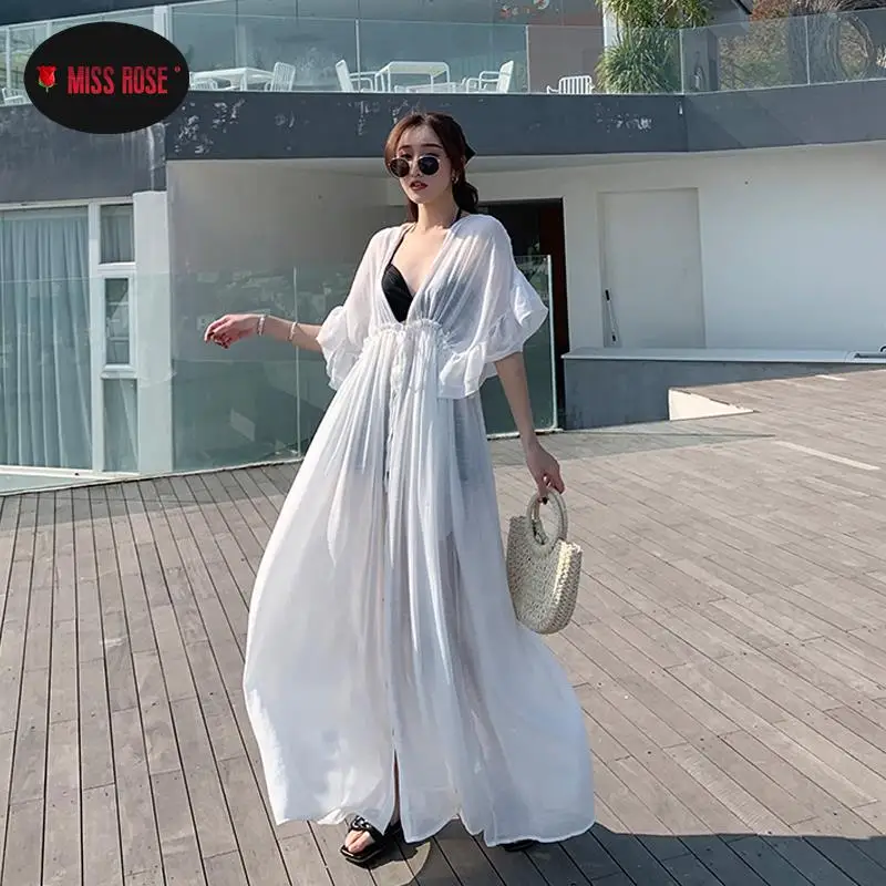 Summer New Hot Sale Women Sexy Chiffon See Through Bikini Long Cover Up Swimsuit Swimwear Beach Dress Bathing Suit Cover-Ups