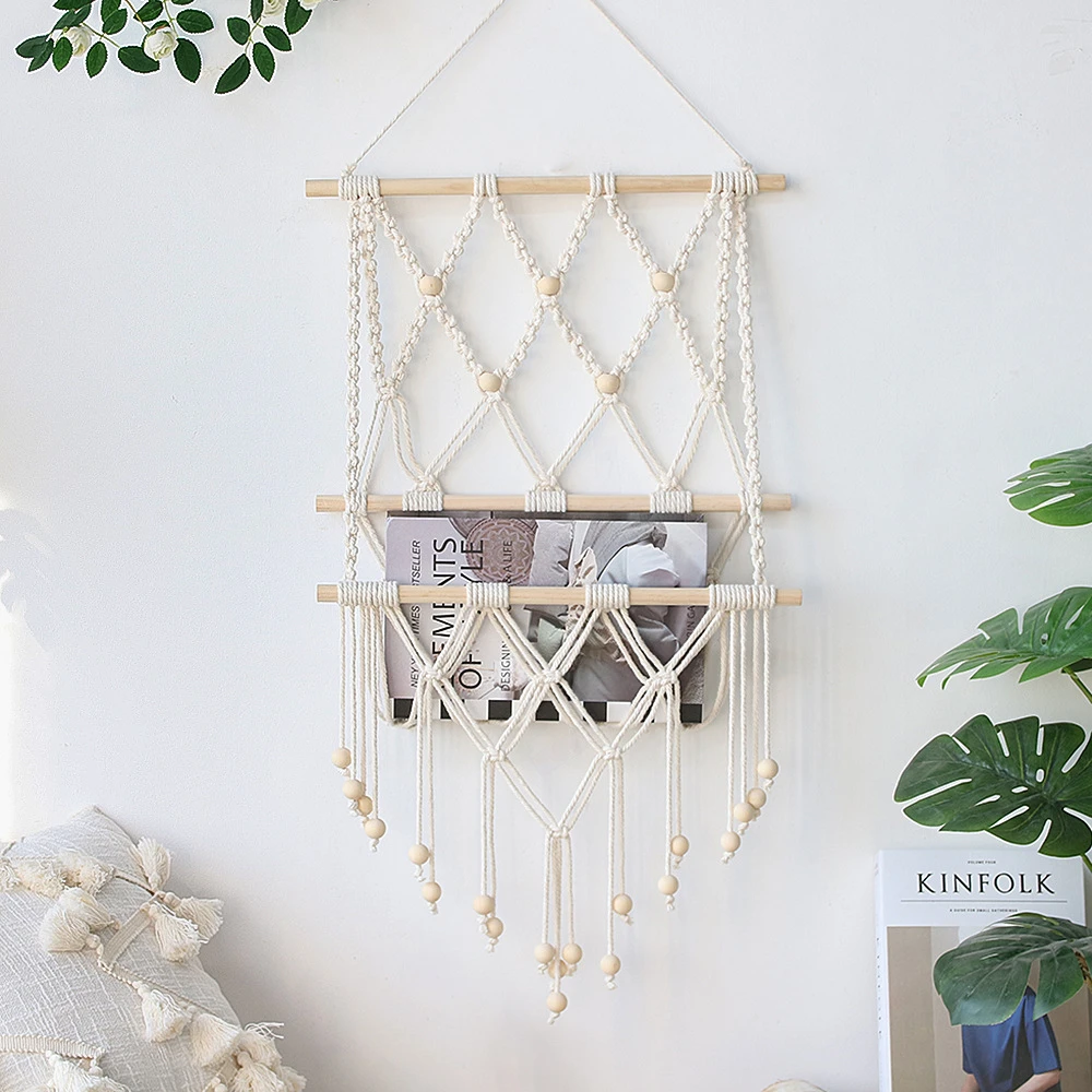 New Hand-woven Storage Rack Book Magazine Net Pocket Rack Nordic Cotton ...
