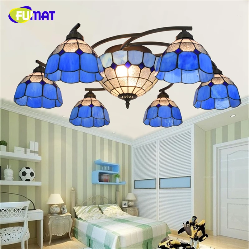 

FUMAT Tiffany Mediterranean Blue Shade Chandeliers Stained glass Light For Living Room Creative Artistic European LED Chandelier