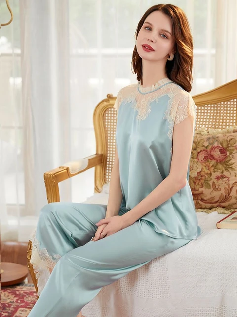 Baby Blue Women's Silk Pajama Set 100% Mulberry Silk Regular Fit Pants Lace  Trim Short Sleeve French Sleepwear Silk Lounge Set - AliExpress