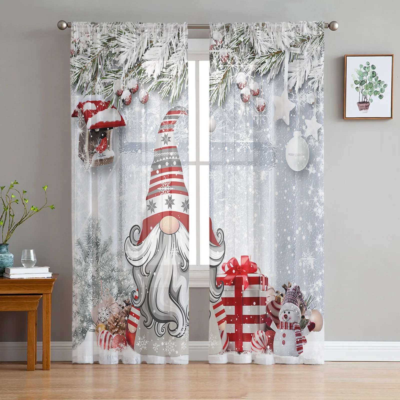 

Christmas Snowflake Gnome Holly Fir Tree Tulle Curtain for Living Room Bedroom Christmas Decoration Window Voiles Tulle Curtain