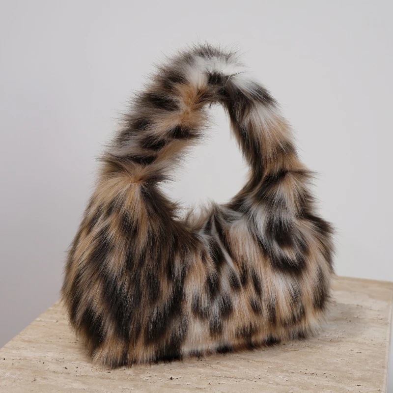 Leopard Plüsch Damen Hobos Unterarmtasche Y2K Hot Girls Pelzige Clutch Umhängetaschen Luxus Kunstpelz Weibliche Flauschige Kleine Handtaschen