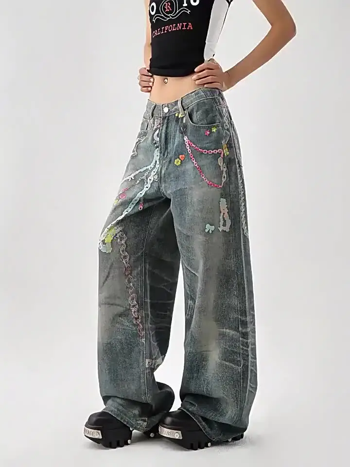 パンツ 2000's armani grunge denim pants y2k Fall Winter Women Unisex Tomboy Baggy Hip-pop Graffiti Jean
