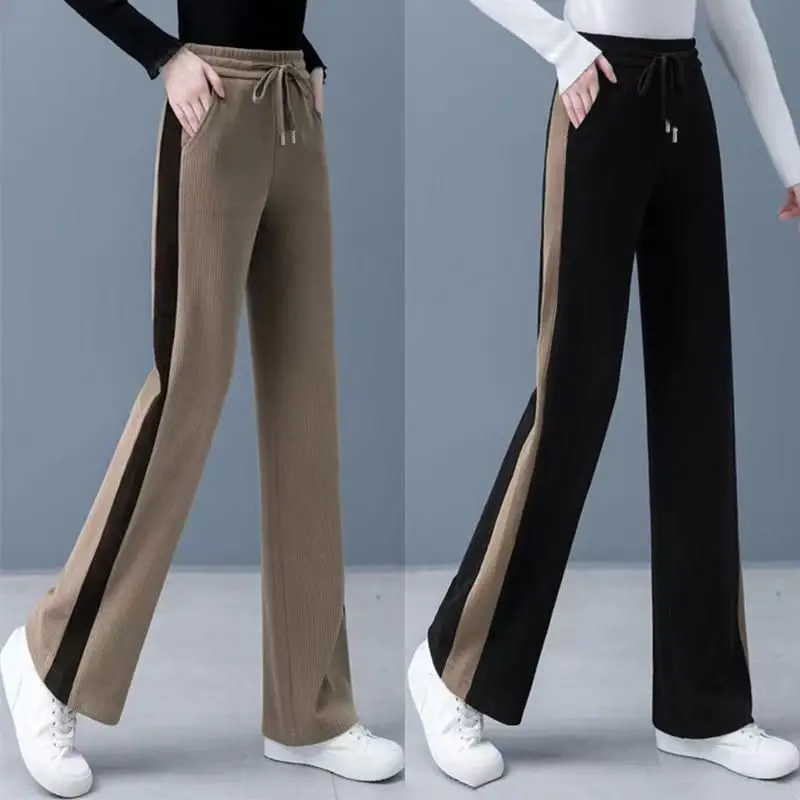 Semplicità All-match Autunno Inverno Pantaloni Donna Coulisse Tasca a contrasto di colore Elastico a vita alta Pantaloni dritti slim casual 3