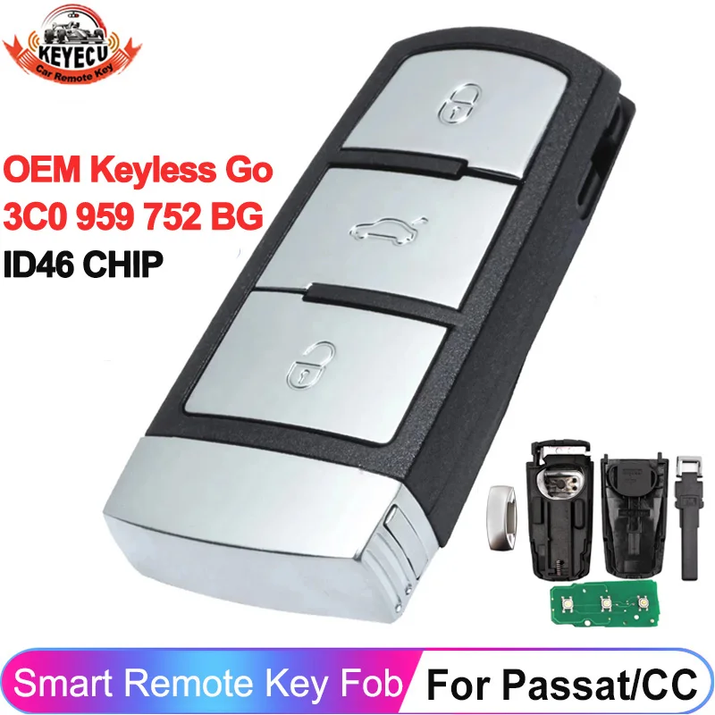 

KEYECU OEM 3C0 959 752 BG Keyless 433MHz ID46 CHIP For Volkswagen VW Passat CC 2004 - 2015 3C0959752BG Smart Remote Car Key Fob