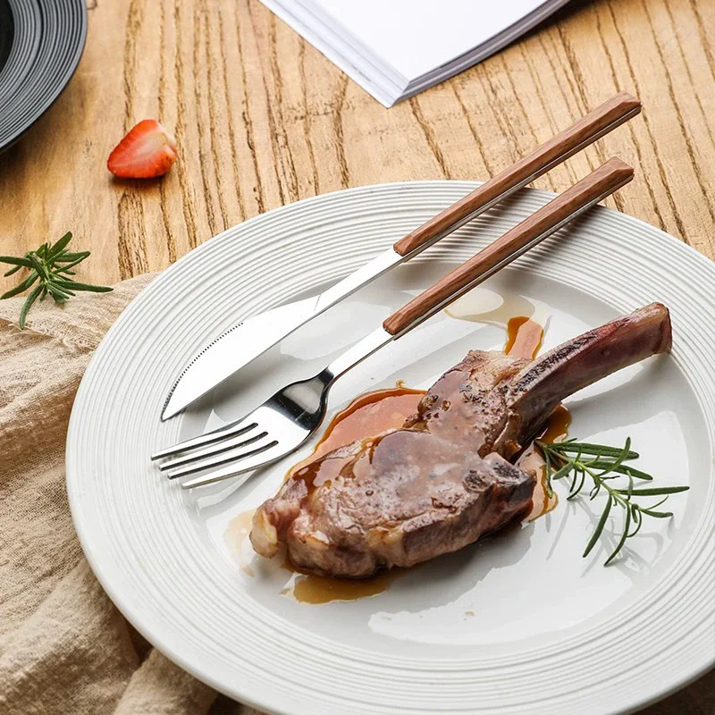 5PCS Stainless Steel Imitation Wooden Handle Cutlery Set Western Tableware Knife Fork Spoon Kitchen Flatware Set Dinnerware
