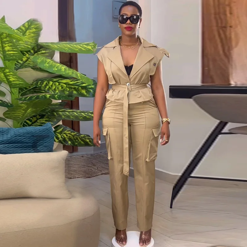 

Spring Summer Fashion Work Two Piece Set Women Casual Lapel Belt Windbreaker Jacket Pocket Pants Two Piece Set Women