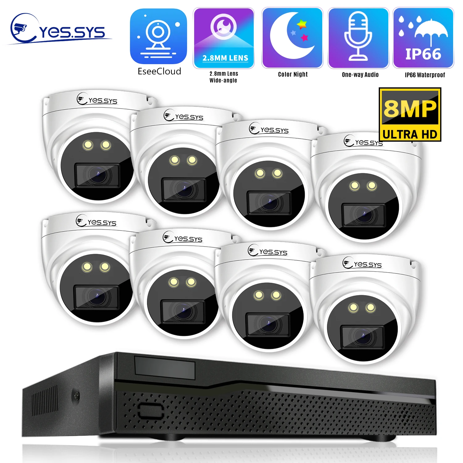 

Eyes.sys 8PCS 8MP HD 2.8mm Wide Lens Audio Outdoor Color Night Vision PoE Dome Security Camera 8CH 8MP 4K PoE NVR System 4TB HDD