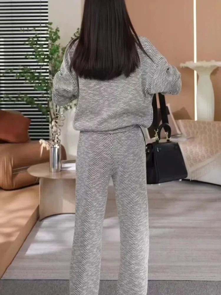 Fashion Casual Striped Top Sports Two-piece Set for Women's Spring and Autumn New Style Loose and Slim Wide Leg Pants Set 5
