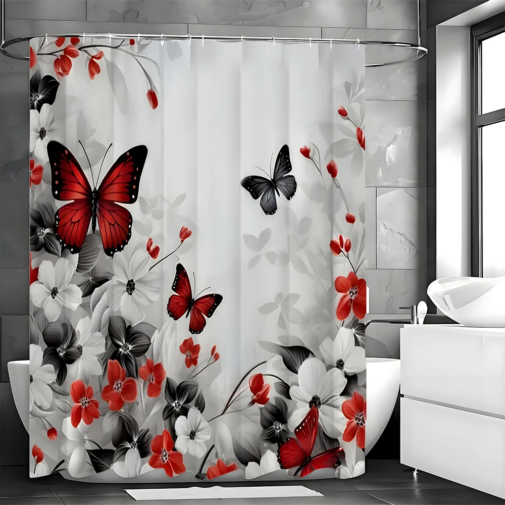 Cortina de ducha con hoja de flor de mariposa, rojo, negro, blanco y gris,  cortina de ducha decorativa para baño, cortina de ducha impermeable con Ho  - AliExpress, image size:1000x1000