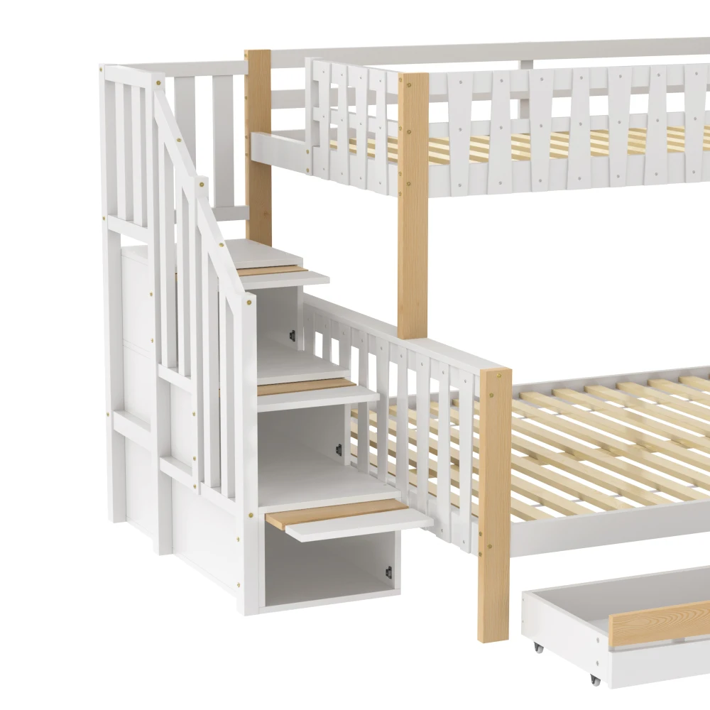 Bunk Bed 90x200cm +140x200cm with Bed Grid Storage Guide House Rail & 2 Drawers-Irregular Fence Design ( Without Mattress )