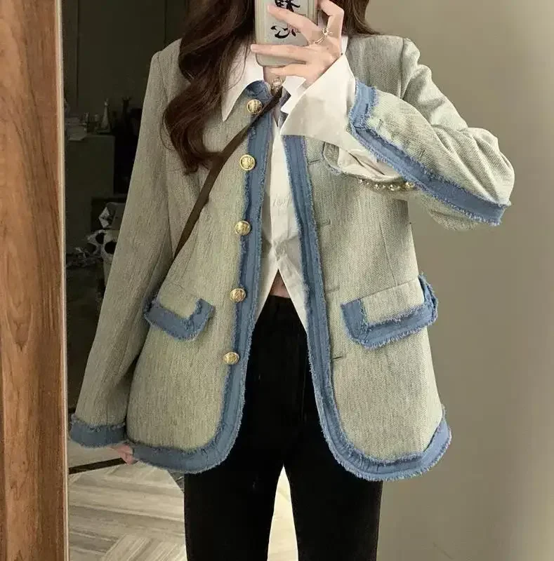 

Women Solid Full Sleeve Thick Blazers Coats Autumn 2023 Round Neck Single Breasted Button Pockets Splice Coat Slim Fit Ladies