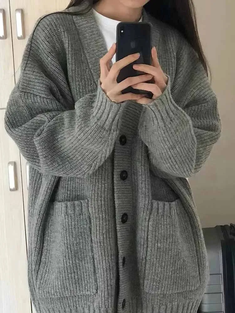 

Gray Mid-Length Sweater Jacket Women Spring Autumn Japanese Style Lazy Retro Milk Style Outfit With Soft Waxy Knitted Cardigan