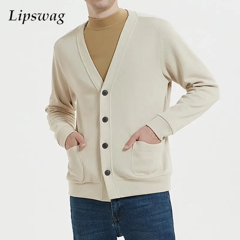 

Leisure Solid Color Sweater Jackets Men 2023 Autumn Casual V Neck Button-up Knitting Cardigan Tops Mens Clothes Fashion Sweaters