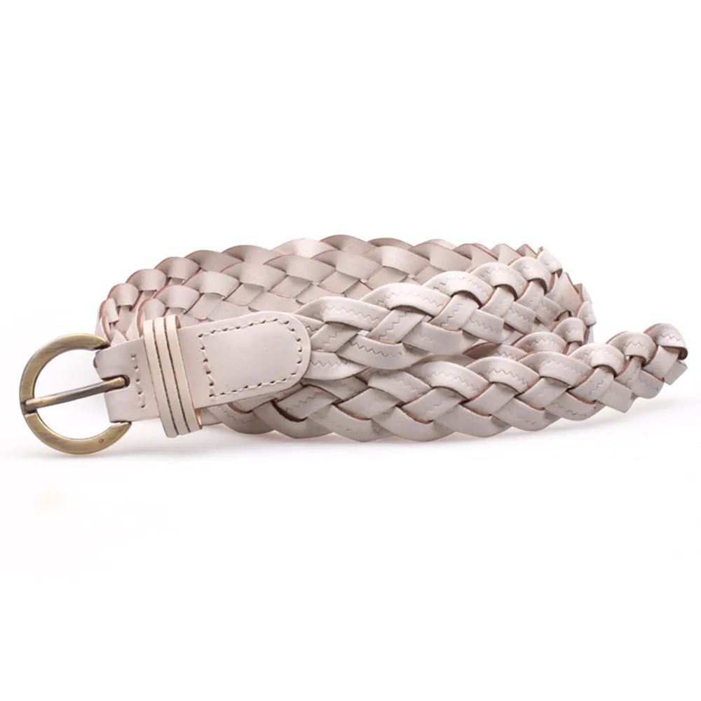 Women's Braided Leather Belt with Gold Buckle - Stylish Casual Accessory