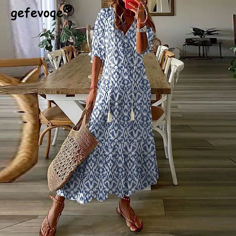 

Women Vintage Printed Tassels Lace Up Elegant Party Long Dresses Vacation Fashion V Neck Half Sleeve Loose Beach Maxi Dress Robe