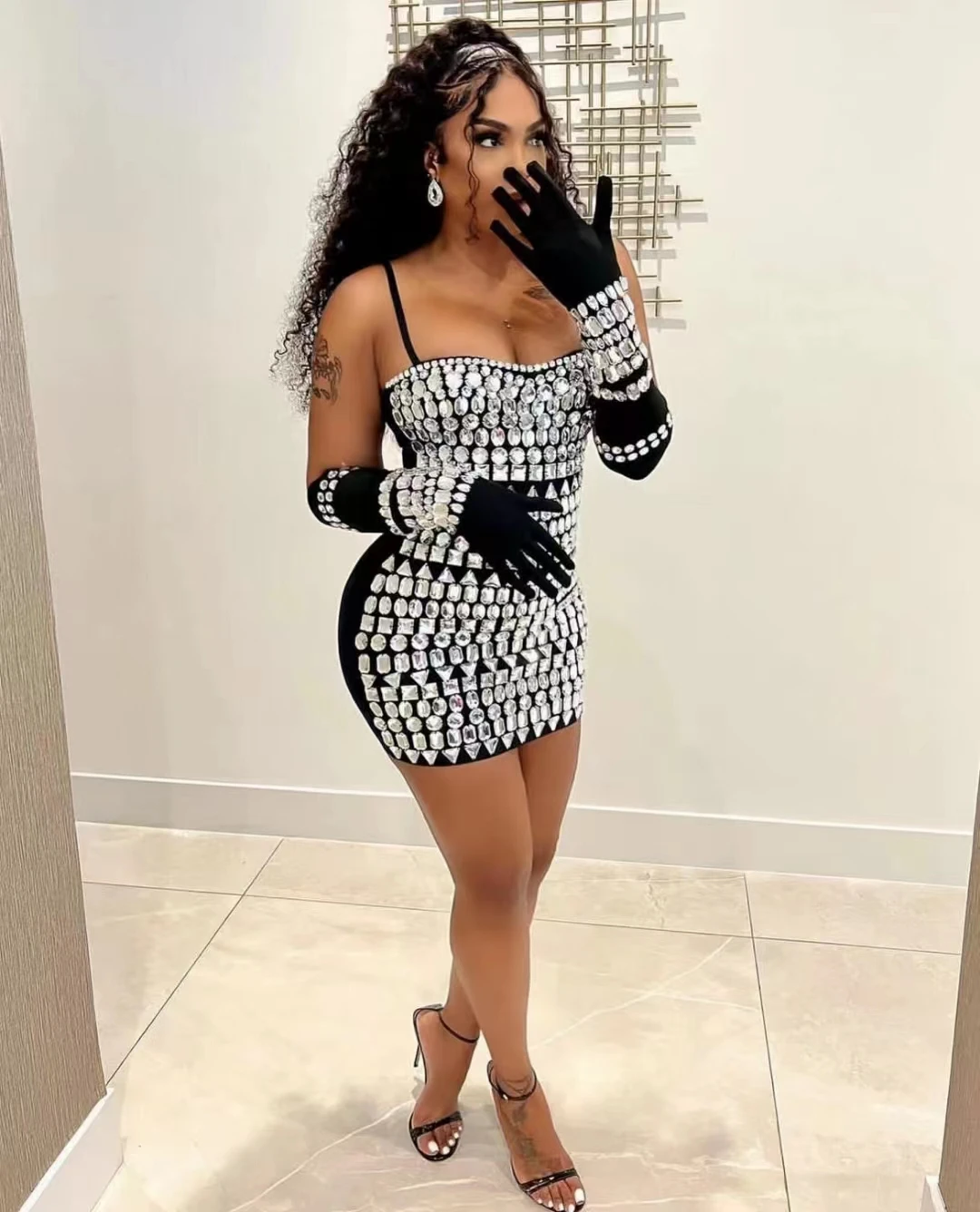 

Hot selling bandages sexy European and American straps luxurious rhinestones with gloveshigh-end party dress