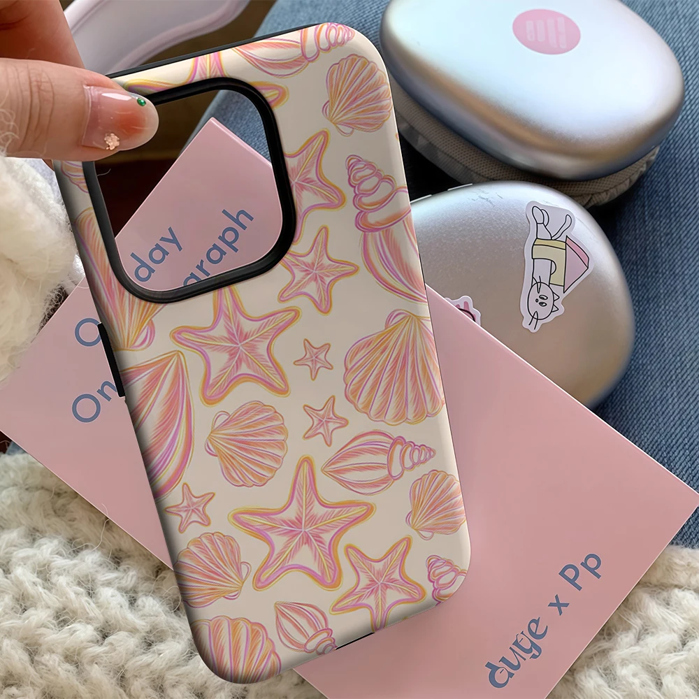 Luxury Double-Layer Phone Case with Pastel Sea Shells and Starfish Design