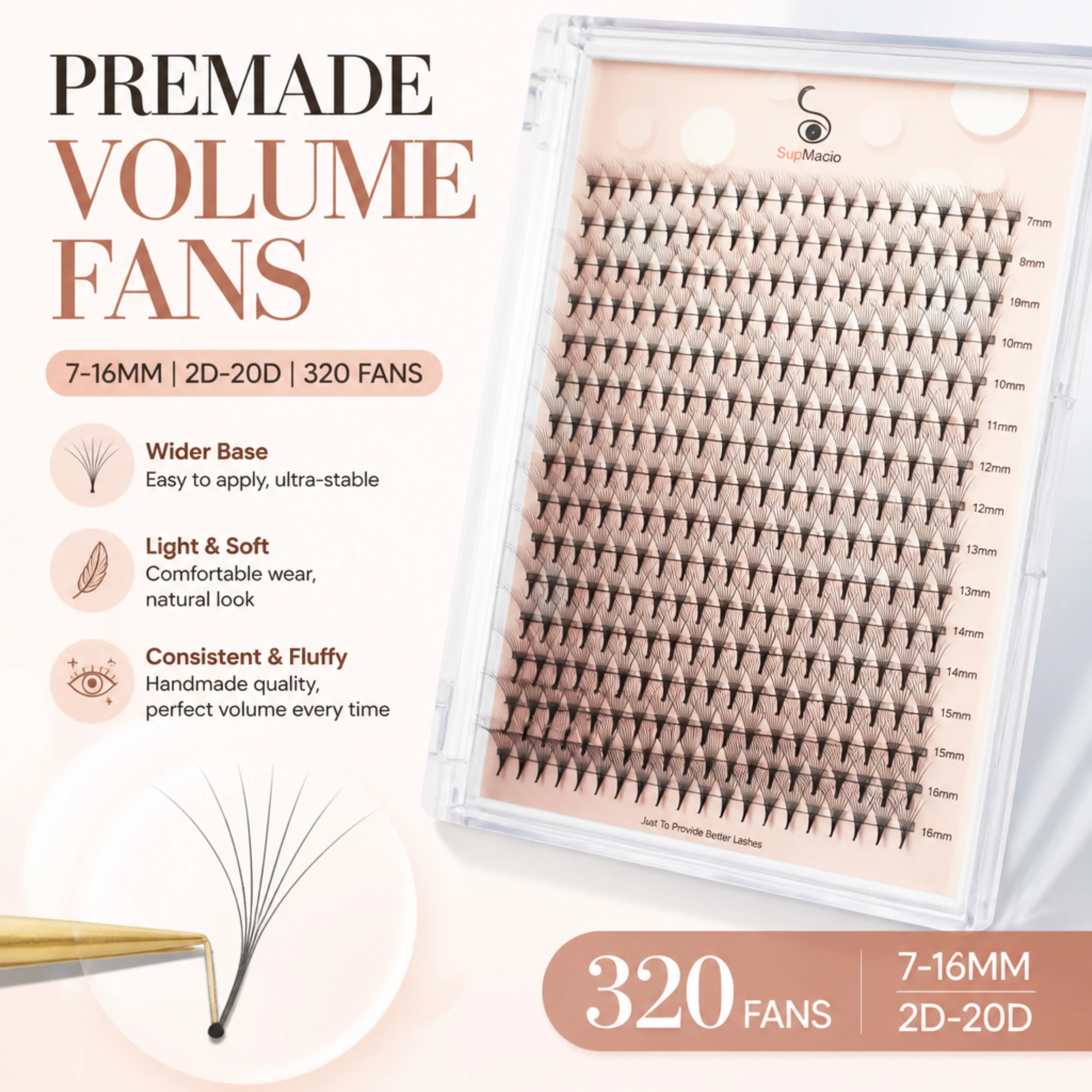 Supmacio 20d ventiladores de volumen prefabricados 0 05 mezcla base de pionidad suave 3d-20d pre fabricados ventiladores de volumen ruso diseñador de pestañas