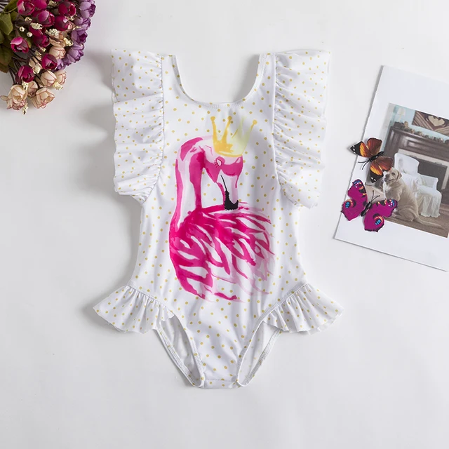 0-24 Month Girls Swimwear Baby Girl Flamingo Cartoon Printed Swimsuit Toddler Babies Ruffle Bodysuit Infant Girl Bathing Dresses